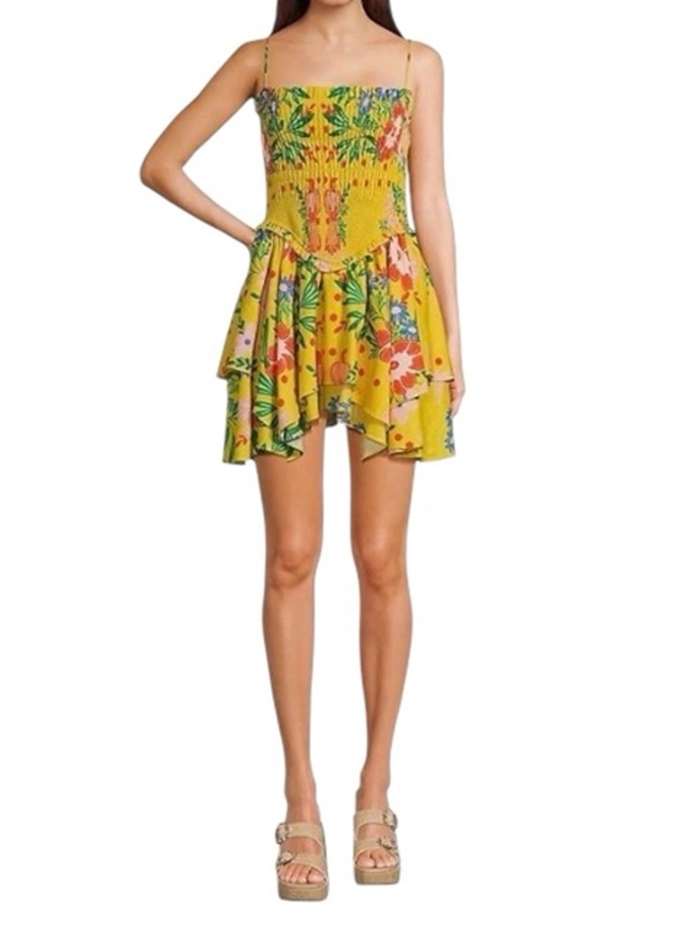 NWT Chelsea & Violet Yellow Floral Smocked Yvette Mini Dress Size L Large